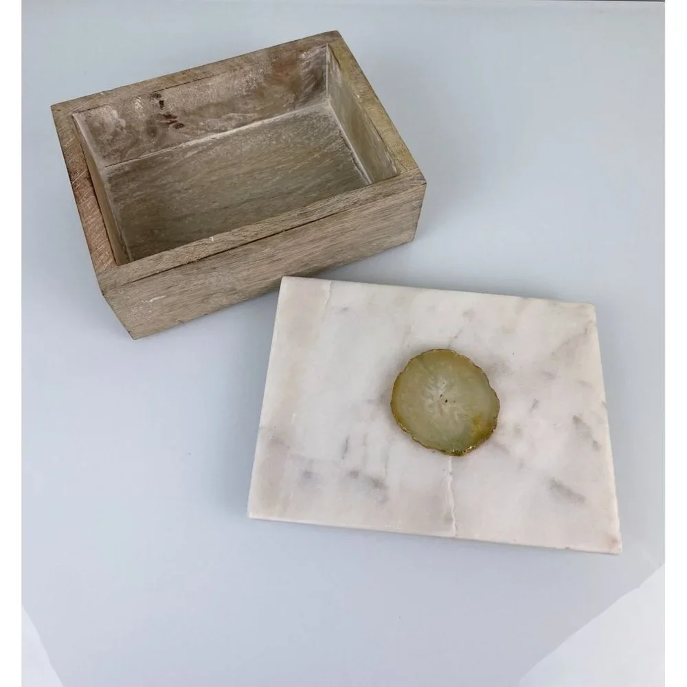 Portofino Home Marble Top Wooden Trinket Jewelry Box Made in India Decor White